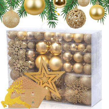 Набір прикрас для ялинки 141 шт., кульки для ялинки з пластику, матові, глянцеві, з блискітками, з вирізаним візерунком, ялинковий декор для дому та вулиці (золотий)
