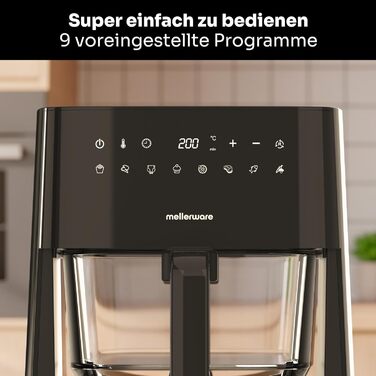 Фритюрниця без олії MELLERWARE 1450W з скляним контейнером 4.5L, 9 програм, сенсорний дисплей, 80–200°C, таймер 60 хв, для миття в посудомийній машині