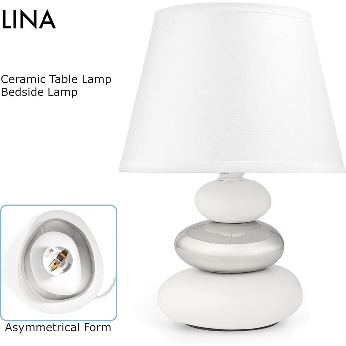 Нічна лампа 'Ліна' - керамічна настільна лампа з абажуром з тканини, сумісна з LED, цоколь E14, 230V, для вікна, дивана, підвіконня (білий/сріблястий)