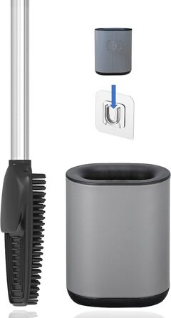Набір для туалету 3-в-1 з силіконовою щіткою, тримачем та кріпленням на стіну, довга ручка з нержавіючої сталі, гігієнічний з ламелями та скребком, для ванної кімнати та гостьового туалету (Антрацитовий сірий)