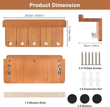Дерев'яне ключниця з полицею, 5 гачків, для прихожей, кухні, спальні (колір: коричневий)