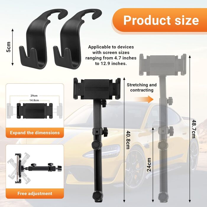 Автотримач для планшета та смартфона: двоосьовий, висувний, 360° обертання, для iPad, iPhone та інших пристроїв 4.7-12.9 дюймів