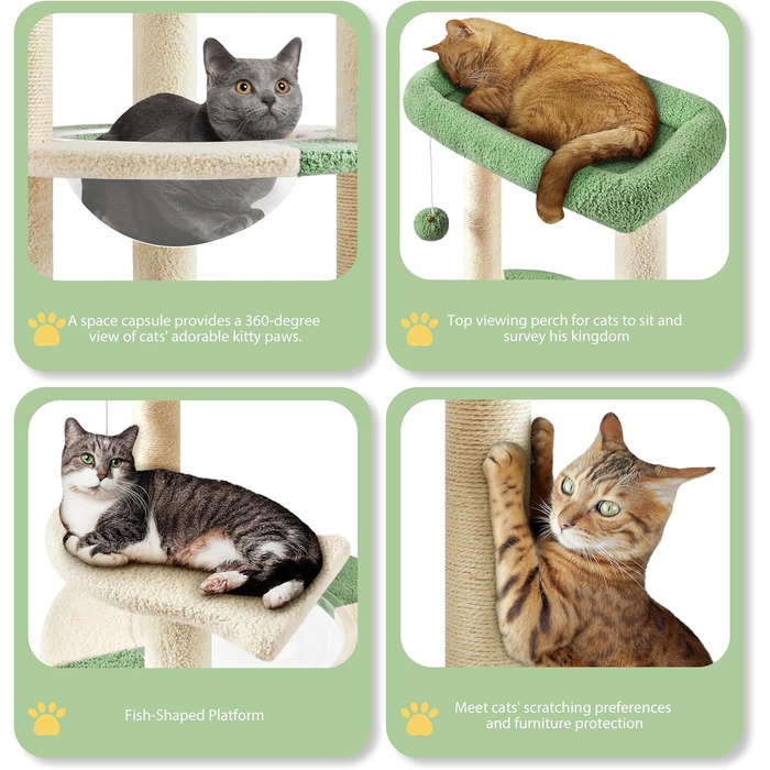 Yaheetech Cat Tree, Ocean Design Cat Tree, Cat Scratching Post, with Platform Space Capsule Sisal Posts, Stable Cat Climbing Tree, (Green/Beige)