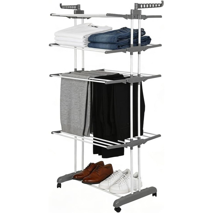 Сушарка для білизни HUOLE вертикальна (вежа), 3 яруси, розсувна мобільна сушарка зі сталі та пластику, 75 x 64 x 170 см, сіра