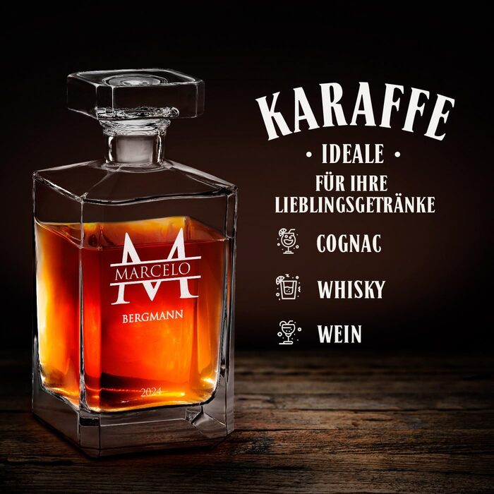 Maverton Whiskey Decanter + 2/4/6 Whiskey Glasses Set with Engraving - 700ml Decanter - Birthday Gift for Women - Monogram