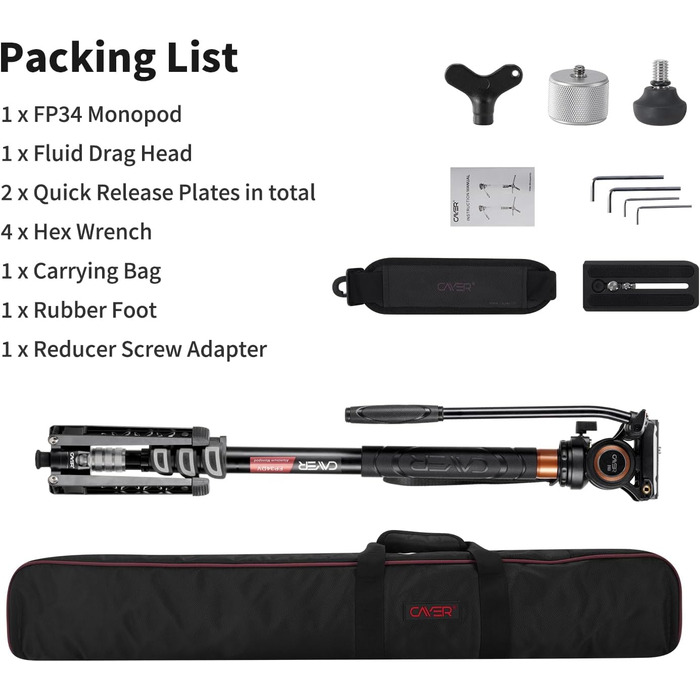 Однонога штатив Cayer FP34 з плавним голковим підшипником, 180 см, для DSLR камер Canon, Nikon, Sony, Olympus, Panasonic