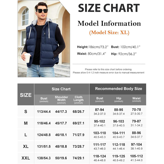 Чоловіча степна жилетка Vancavoo з капюшоном, тепла зимова жилетка для активного відпочинку, спортивна жилетка, перехідна куртка (темно-синій, L)
