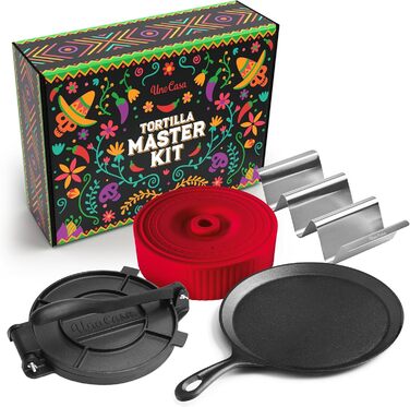 Uno Casa Cast Iron Tortilla Press Kit - Taco & Roti Maker with 100 Sheets of Baking Paper - Versatile Kitchen Gadget for Tortillas, Roti, Dosas, and Dumplings