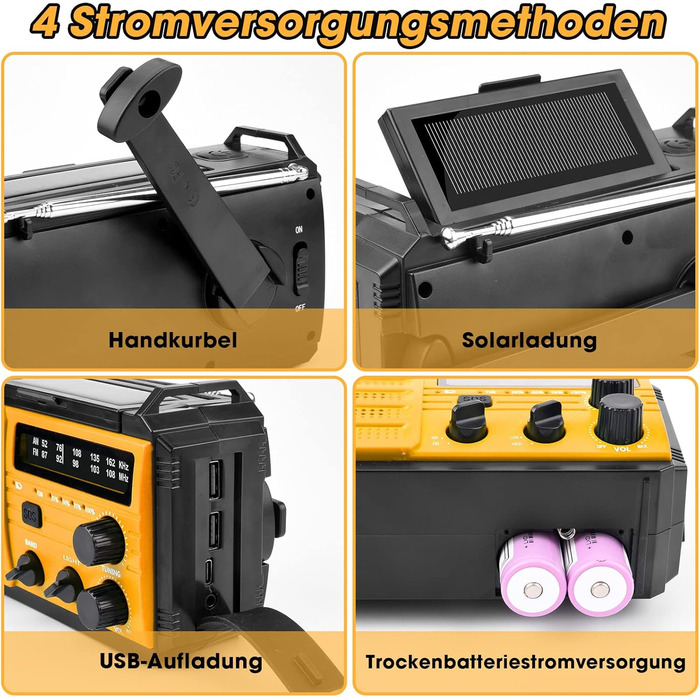 Сонячне радіо Kurbelradio 8000mAh з ручним заводом, AM/FM, динамо, радіо для надзвичайних ситуацій, ліхтарик LED, компас, IPX3, оранжевий