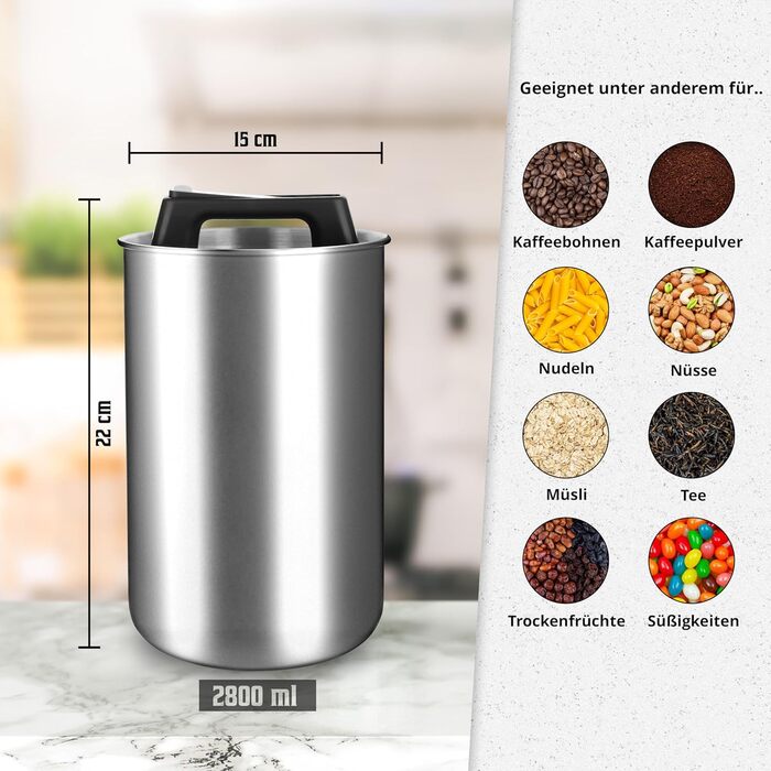 Контейнер для кави KC Kitchen & Co. на 1 кг з нержавіючої сталі, герметичний, з вакуумним клапаном, 2800 мл, сріблястий