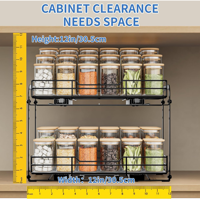 AIRUJIA Pull-Out Spice Rack, 2-Tier Dish Cabinet Organizer, Spice Rack Cabinet, Spice Rack, Lift-Up Sink Shelf, Spice Organizer for Kitchen, L26.4*W23.2*H23CM (L27.2*W34.3*H24 - 2 Tier)