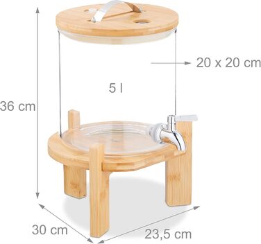 Диспенсер для напоїв Relaxdays, 5 літрів, холодні та гарячі напої, бамбуковий підставник, термометр, посудина для пуншу, прозорий/натуральний