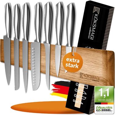 KÖKSMAGI® Magnetic Knife Strip OSKAR (40 cm) - magnetic wooden knife strip with an extremely strong magnet for heavy knives - self-adhesive (3M adhesive tape) & with drilling accessories