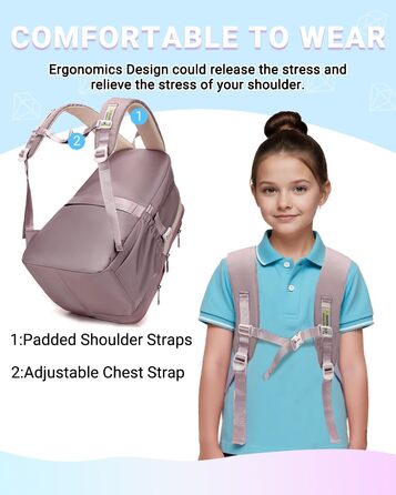 Дитячий рюкзак для дівчинки Kinderrucksack 32L, 2-10 клас, легкий, з дихаючою спинкою та м'якими лямками, для школи, 8+ років, фіолетовий