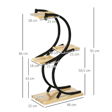 Outsunny Plant Shelf S-Shaped Flower Ladder 4-Tier Plant Stand with Metal Frame and Solid Wood Black 46x25x91cm for Garden & Balcony