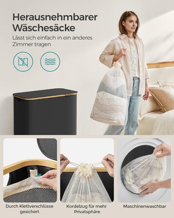 Laundry Basket, 3 compartments, 150 L, foldable, removable bag, Oxford fabric, bamboo, 60x38.5x70.5 cm