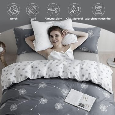 Комплект постільної білизни KEAYOO 135x200 см, сіро-білий, двосторонній, з малюнком кульбаби, 100% бавовна, м'який, з блискавкою, 2 предмети (135x200+80x80), для зими й літа