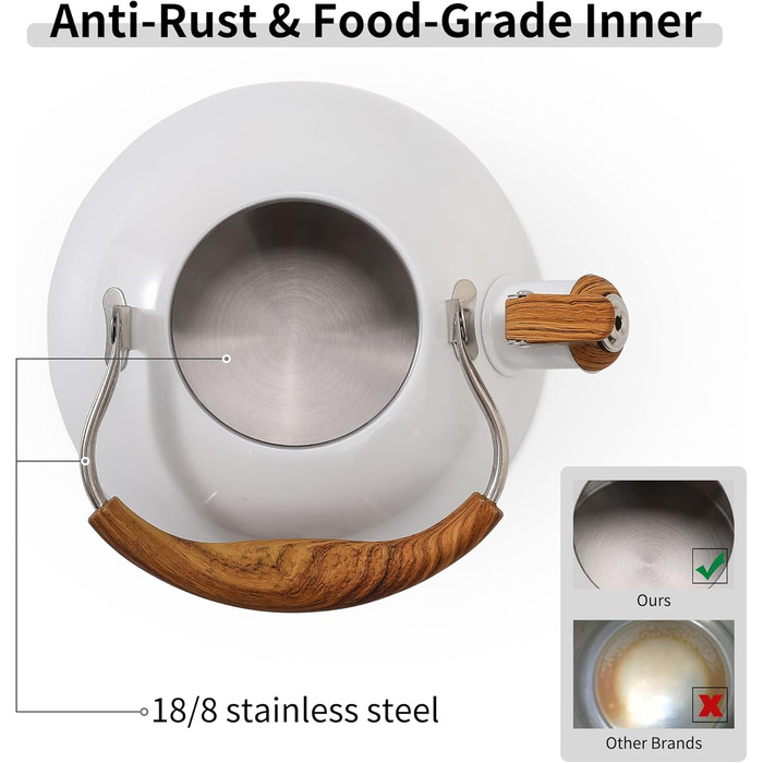 Чайник для плити LONFFERY 2.5 л з свистком, з нержавіючої сталі, дерев'яним декором, складаним ручками, кремово-білий