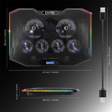 Ігровий охолоджувач для ноутбука EMPIRE GAMING Guardian S-C100 RGB, 6 вентиляторів, LCD-контролер, 5 рівнів висоти, підставка для смартфона, для ноутбуків 12-17 дюймів