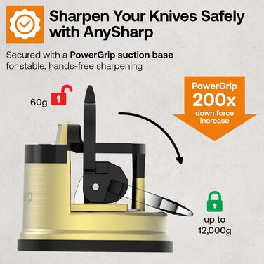 Точилка для ножів AnySharp Pro метал, безпечна, присоска PowerGrip, для всіх кухонних ножів, підходить для загартованої сталі та серрейторних лез, найкраща якість, латунь