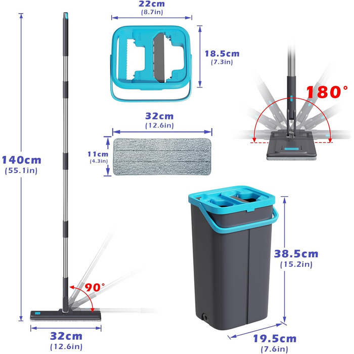 Набір для миття підлоги Wischmopp з відром, мікрофібра, віджимний механізм, 2 в 1, регульована ручка, 6 мікрофібрових насадок, сірий + блакитний