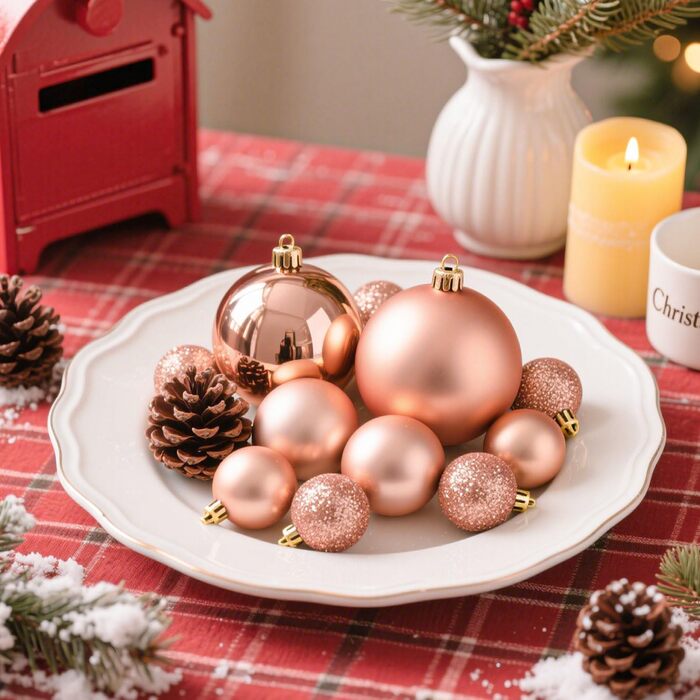 Набір прикрас на ялинку 101 шт. Пластикові кулі, рожеве золото, матові, блискучі, з шишками та стрічками для декору ялинки, святкування, дому