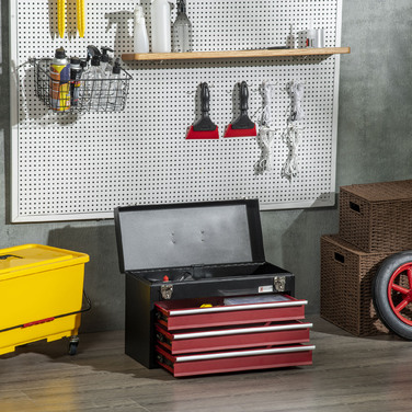 DURHAND Tool Case Practical Tool Box without Tools 3 Drawers with Handle Steel Lock Black Red