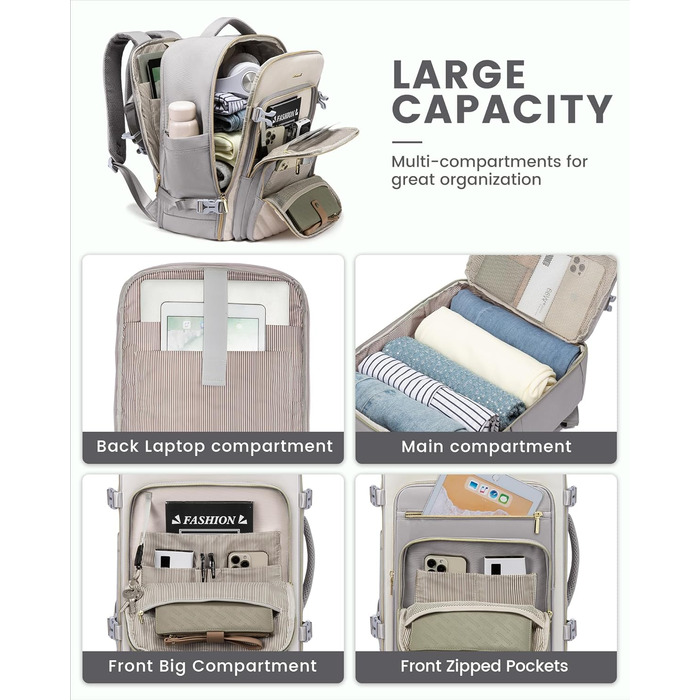 Рюкзак LOVEVOOK 40L для ручної поклажі в літак, жіночий, водонепроникний, з відділенням для ноутбука 17 дюймів, підходить для Easyjet, для подорожей, роботи, хайкінгу, оливково-бежевий (17.3 дюйми, світло-сіро-бежевий)