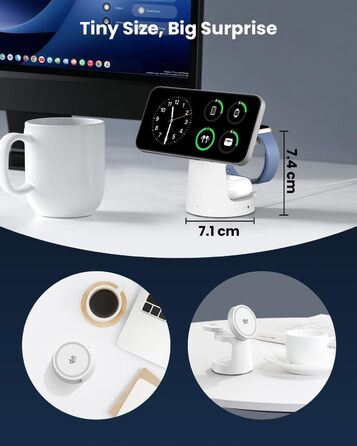 Зарядна станція GEEKERA Qi2.2 25W 3-в-1 з нічником, MagSafe сумісна, для iPhone 12-17, Apple Watch 2-11, AirPods + 45W GaN адаптер (Матовий білий)