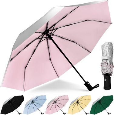 Зонт від сонця та дощу 42/46 дюймів, стійкий до вітру, з 8 ребрами, автоматичний, для чоловіків та жінок (срібний/рожевий)