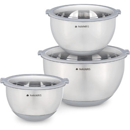 Navaris Stainless Steel Bowl Set with Lid - 3-Piece Mixing Bowl Salad Bowl - Stainless Steel Bowl Bowl Set Container in Grey