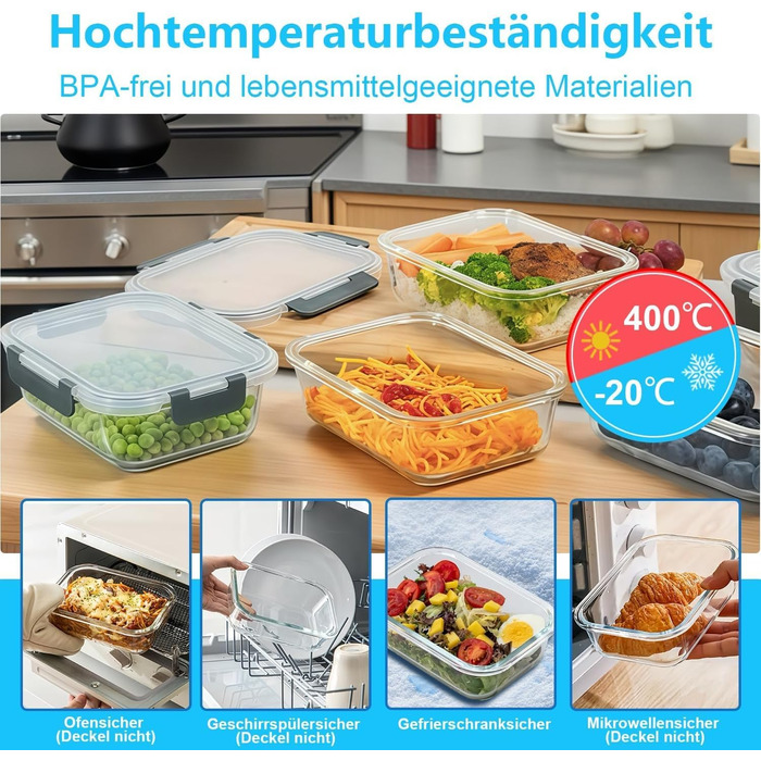 Набір скляних контейнерів для зберігання (20 шт.) Borosilikatglas: 5 x 1040 мл та 5 x 370 мл - для мікрохвильовки, приготування їжі, духовки, витокозахисні