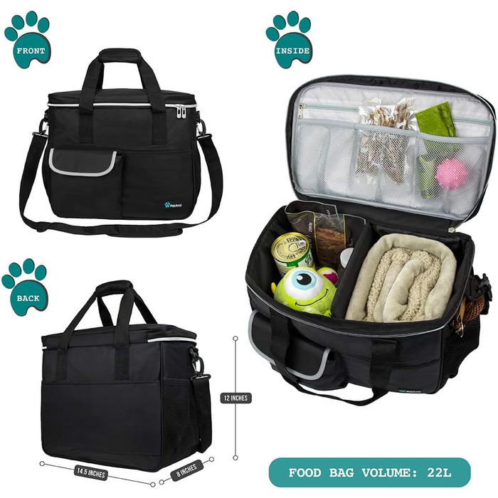Сумка-органайзер для собак PetAmi: дорожня сумка для корму та аксесуарів, ідеальна для кемпінгу та подорожей. Чорна, середнього розміру (14.5 x 8 x 12 см).