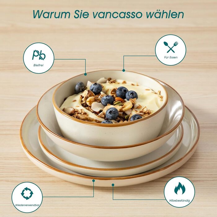 Набір посуду на 6 осіб Vancasso RENO 24 шт. з каменю, сучасний сервіз: тарілки для їжі, супу, десерту, миски. Підходить для миття в посудомийній машині та для використання в мікрохвильовій печі (Бежевий)