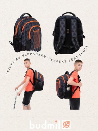 Ергономічний шкільний рюкзак Budmil для хлопчиків та дівчаток 32L - для підлітків та дітей від 5 класу - водонепроникний, з 3 відділеннями та вентильованою спинкою (Edwin Orange)