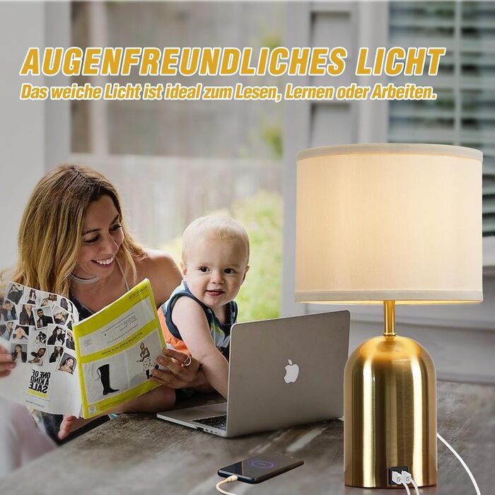 Настільна лампа GyroVu з USB-портом, сенсорним керуванням, 3 рівнями регулювання яскравості, тканинним абажуром та золотим підставою для спальні, вітальні та домашнього офісу