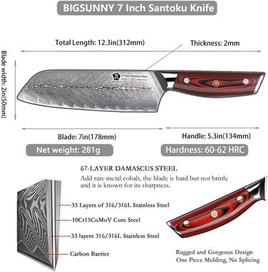 Японський ніж Santoku WILDMOK з дамаської сталі, 17.8 см, професійний для м'яса та овочів, VG10 сталь, Full Tang, G10 рукоятка, серія Song