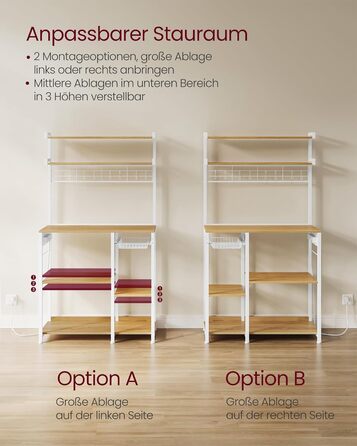 Полиця кухонна VASAGLE з розетками, стелаж для мікрохвильовки, 8 гачків S-подібної форми, кухонний шафчик, органайзер для спецій, 40 x 90 x 165,5 см, коричневий вінтаж та чорний, KKS031K11