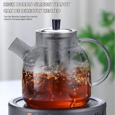 Скляний чайник з ситечком та підставкою для підігріву, 1500 мл, з боросилікатного скла, для листового чаю та чайних пакетів, чорний