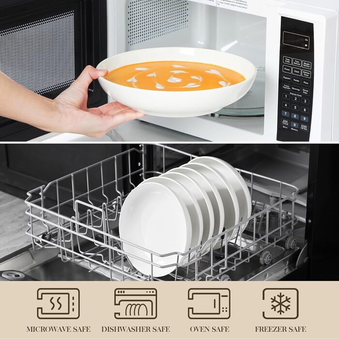 Набір посуду MALACASA, 6 предметів: тарілки для пасти, супу, салату, сервірування. Білий порцелан, 1250 мл