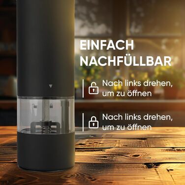 GOV Electric Pepper and Salt Grinder Set - 45 ml Black Edition - USB-C Rechargeable - 6 Adjustable Grind Sizes - Stylish Black Stainless Steel Design with LED Lamp