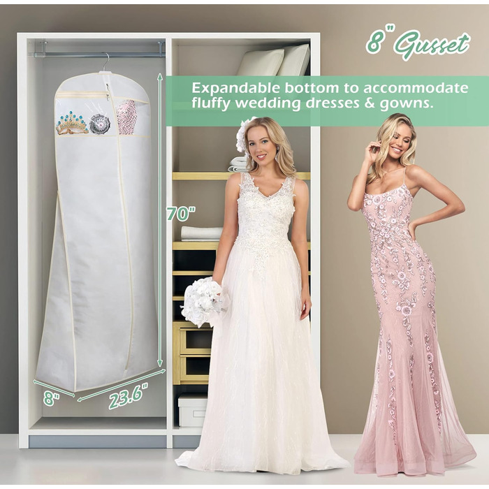 Чохол для вечірньої сукні MISSLO, 177см, дихаючий, з кишенями, для подорожей, білий. Підходить для весільних та довгих суконь, костюмів.