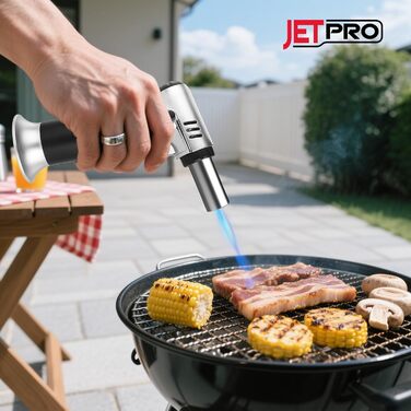 Газовий запальник Butan з регульованим полум'ям для кухні, випічки, барбекю, паяння, з віконцем рівня газу та блокуванням безпеки (срібний)