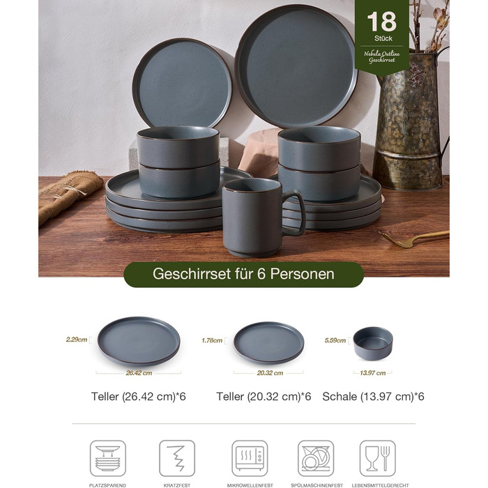 Набір посуду Mercury, 12-кількісний, набір тарілок з каменю, для 4 осіб, з тарілками для їжі, десертними тарілками, мисками для каші, сумісний з мікрохвильовою піччю та посудомийною машиною, колір вугільно-сірий