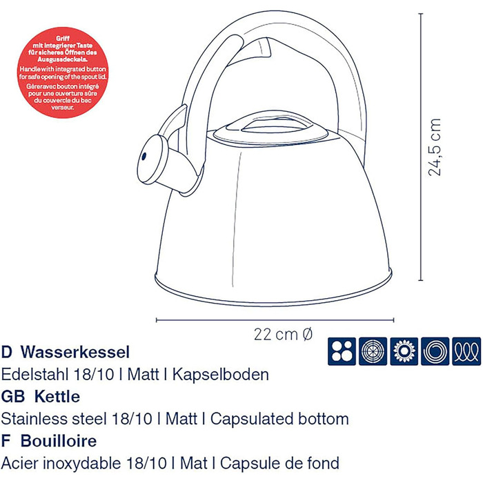 Ке́ла чайник індукційний 2.4л, з свистком, нержавіюча сталь, для всіх типів плит, з безпечним відкриванням кришки кнопкою, VITUS, чорний матовий
