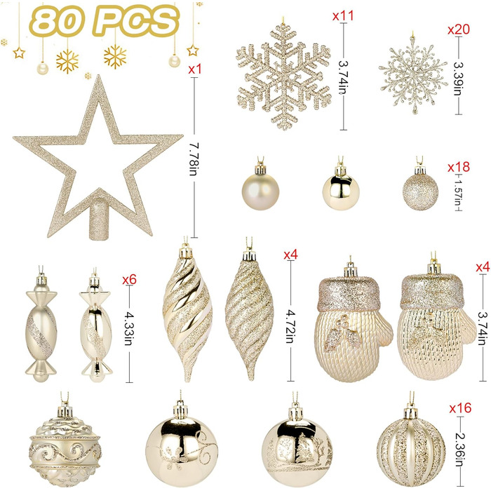 Набір прикрас на ялинку Alupssuc 80 шт. з різних форм, з гачками, для свят, вечірок та весіль, безпечний пластик, колір шампань-золото