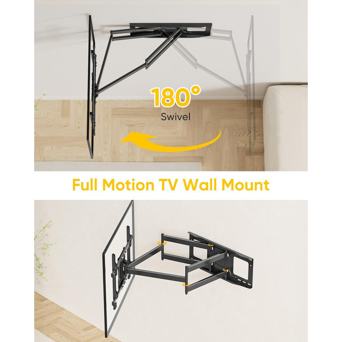 Настінне кріплення для телевізора HY-Bracket поворотне, для LED, OLED, 4K, 37-80 дюймів, чорне, з подовженим кронштейном (для дерев'яних стін)