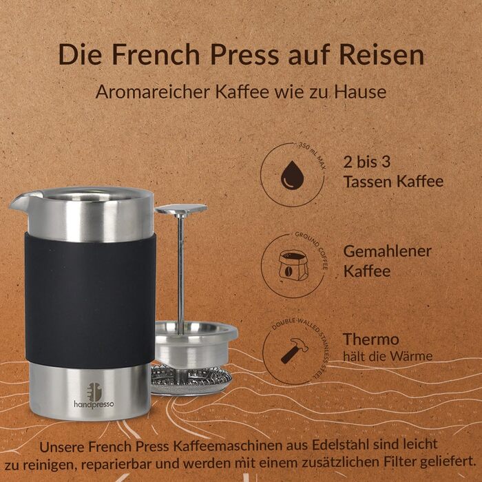 Handpresso - Travel Press with Bag | 0.35 Liters (2-3 Cups) | French Press Stainless Steel | Double-Walled Insulated Coffee Press | Thermo French Press Small for Camping or Travel