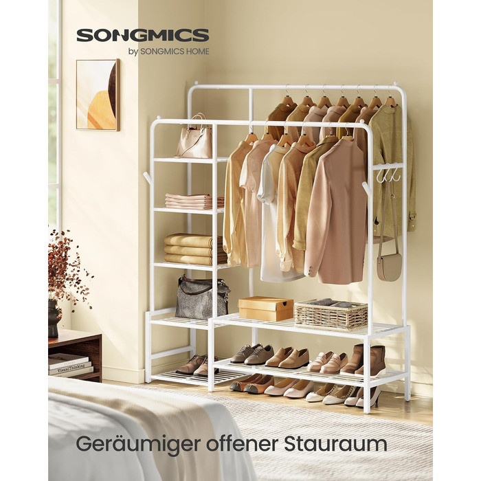 SONGMICS Стійка для одягу, відкрита шафа, вішалка для одягу з 7 полицями, металевий каркас, перекладина для одягу, для спальні, вітальні, передпокою, HSR182B01 (Білий, 115,8B см)