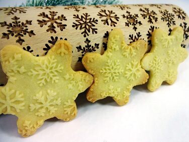 Snowflake Rolling Pin with Pattern Christmas Baking - Dough Roller Wood for DIY Christmas Cookies and Ceramics - Engraved Cookie Roller with Motif - 3D Cookie Roller by Algis Crafts